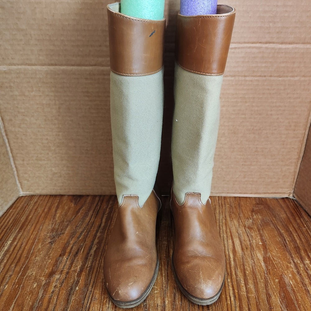 LL Bean Camel Leather Beige  Canvas‎ Colorblock Riding Equestrian Farm Boots 7.5